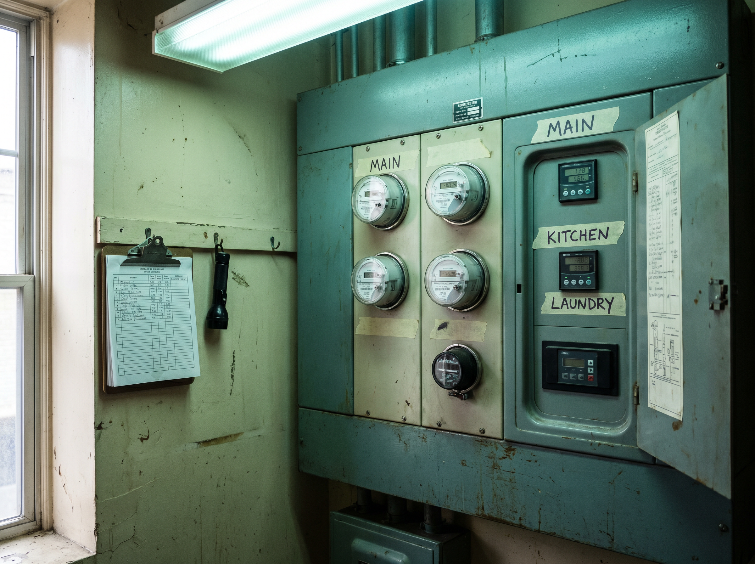 Back-of-house utility cabinet with labelled meters and a meter-reading log clipboard