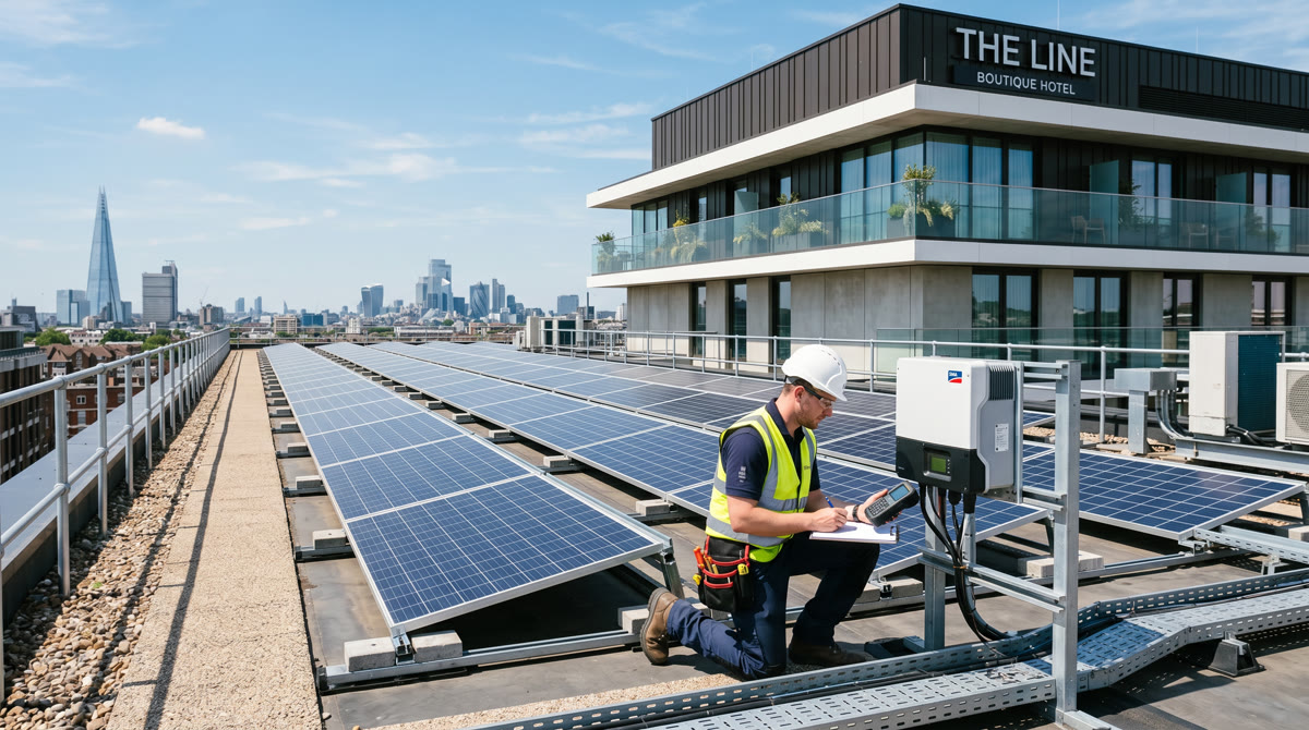 Hotel rooftop with solar panels and sustainable energy infrastructure