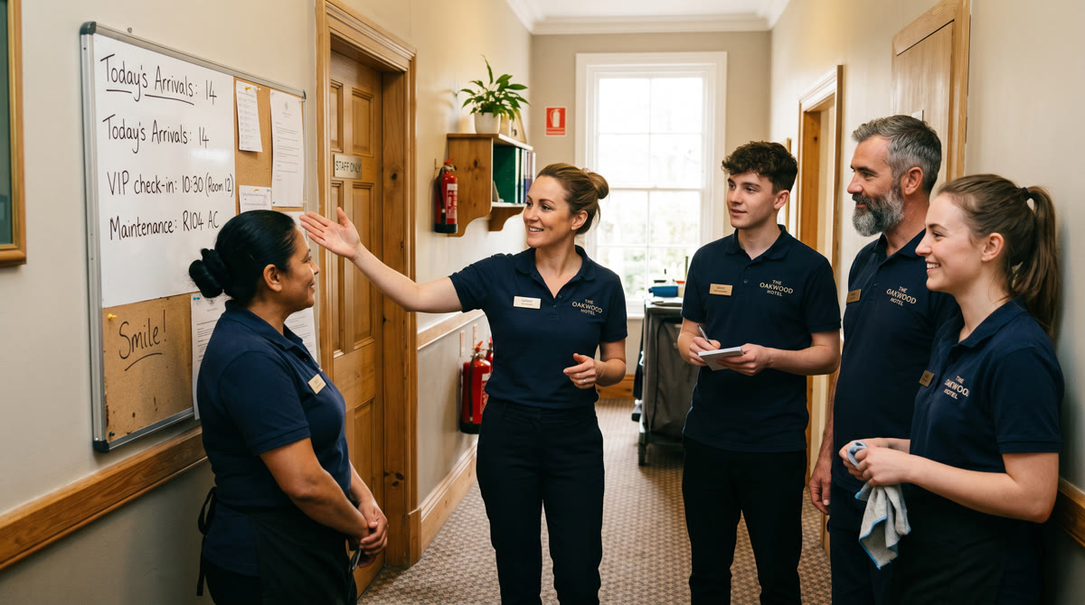 Hotel team collaborating on sustainability initiatives