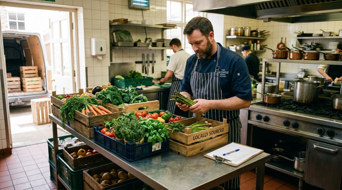 Hotel kitchen team implementing sustainable food and beverage practices