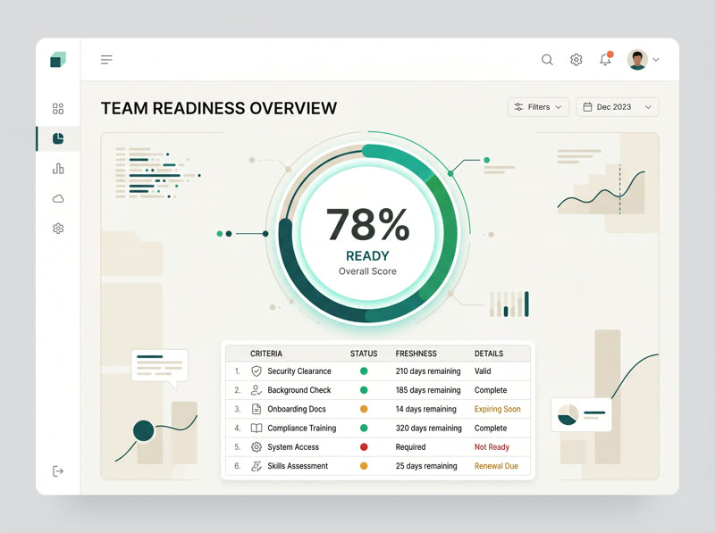 Readiness Tracking — continuous status monitoring with freshness decay