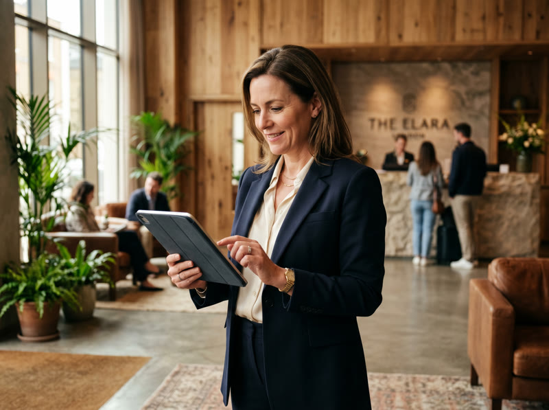 Operations leader reviewing hotel sustainability metrics